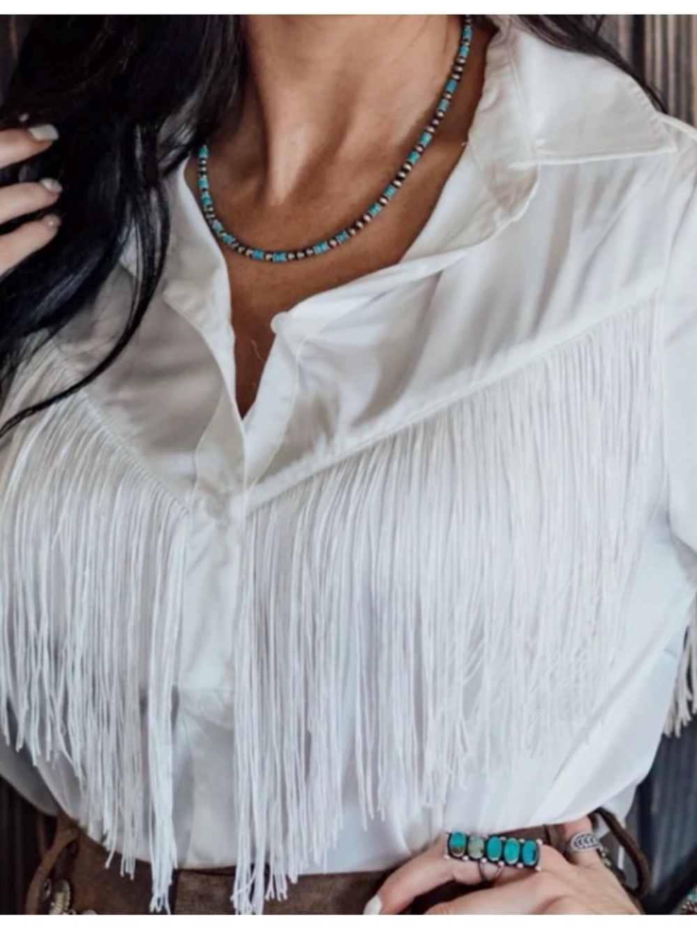 Blue B Long Sleeve Chevron Fringe Blouse